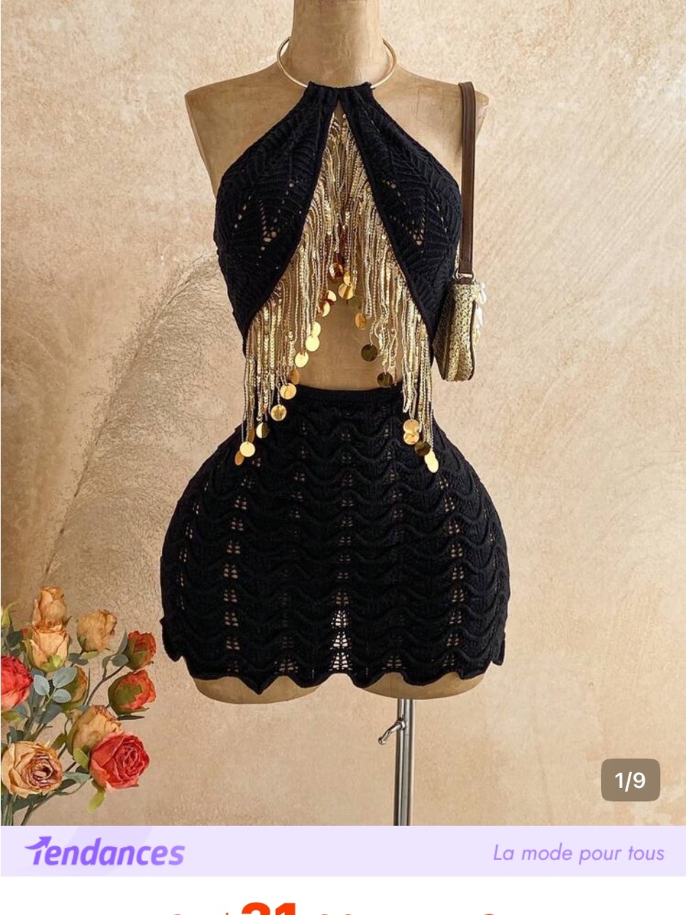 SHEIN Black Crochet Halter Mini Dress with Gold Fringe